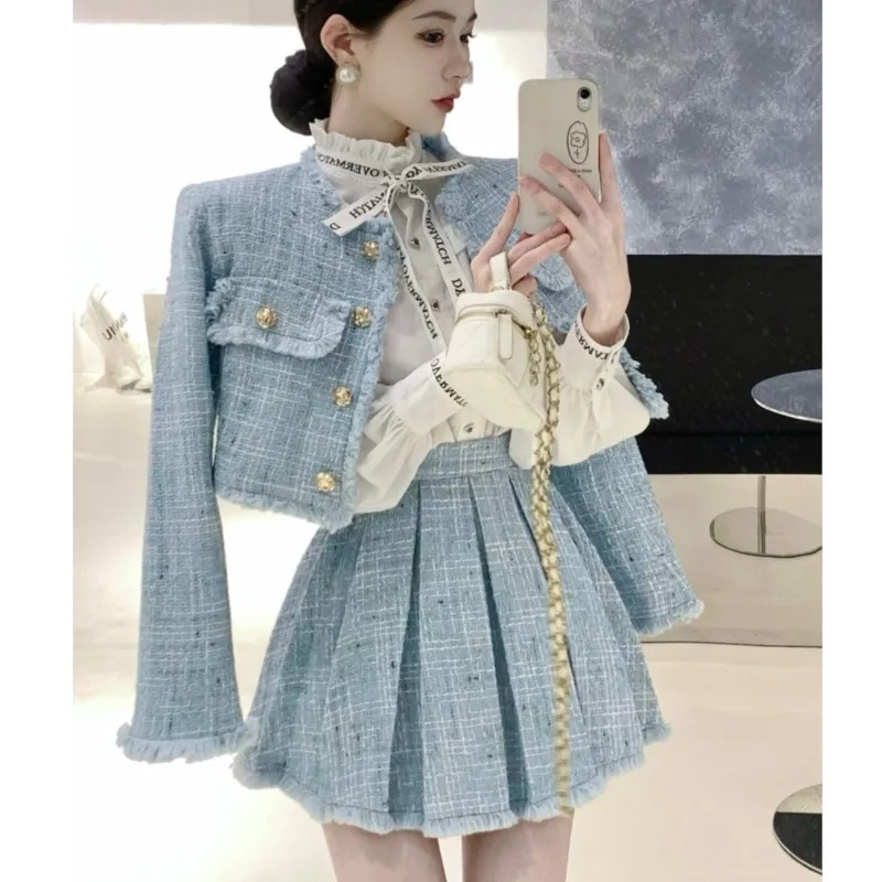 Conjuntos de 2 piezas con diseño de borla de alta calidad para mujer, trajes lisos de Tweed de otoño, Chaqueta corta de manga larga, abrigo + trajes de Falda plisada