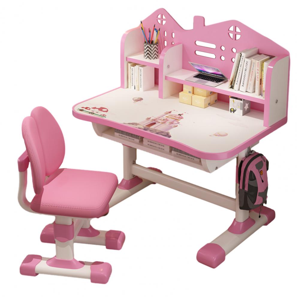 Kids Adjustable Study Desk Set 2Pcs – Widened Table with Bookstand, Drawer & Cartoon Chair for Children's Room