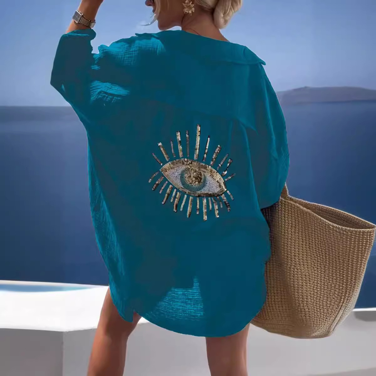 Vestido camisero informal de verano con lentejuelas para mujer, vestido camisero de lino y algodón con botones holgados estilo playero a la moda, Tops para mujer