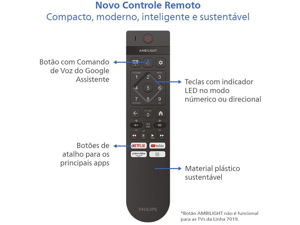 Smart TV 50" 4K UHD D-LED Philips Série 7019 50PUG7019/78 VA Wi-Fi Bluetooth Google Assistente 3 HDMI 2 USB