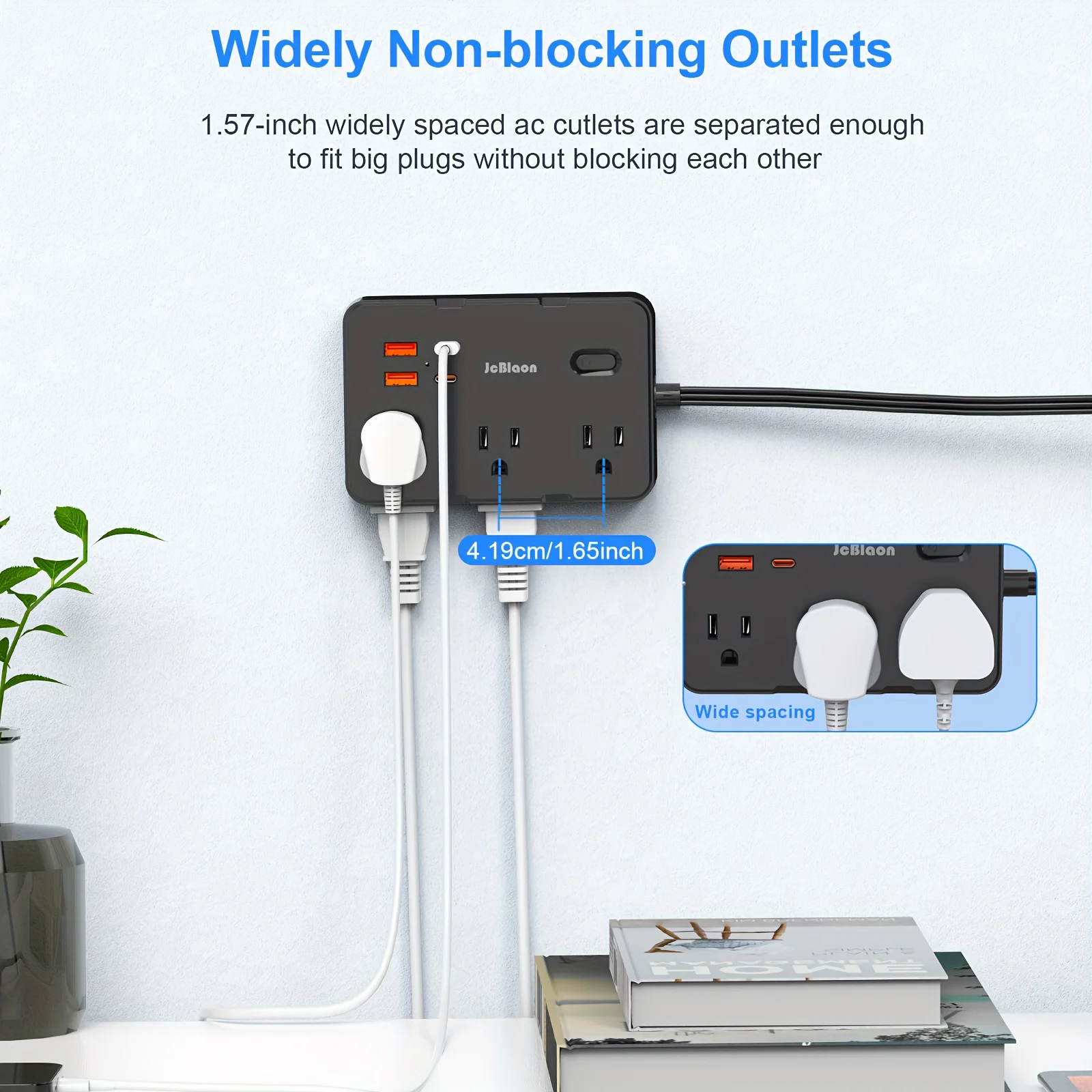 สายไฟต่อปลั๊กแบนบางเฉียบพร้อมพอร์ต USB 4 พอร์ต (2 USB C), รางปลั๊กป้องกันไฟกระชาก 5 ฟุต, ตัวขยายปลั๊กไฟ 6 ช่อง