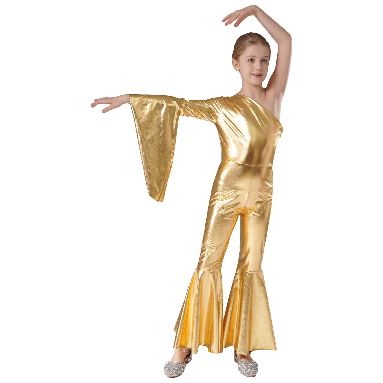 Jaren '70 Disco Vintage Jumpsuit Metallic Glanzend One Flare Mouw Romper Hippie Bell Bottom Jazz Dance Carnaval Rave Party Kostuum