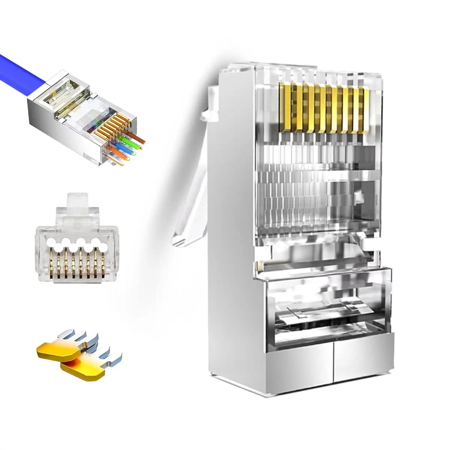 ZOERAX Paquete de 50 conectores de paso RJ45 Cat6 enchufes modulares RJ45 blindados extremos 8P8C RJ45 chapados en oro