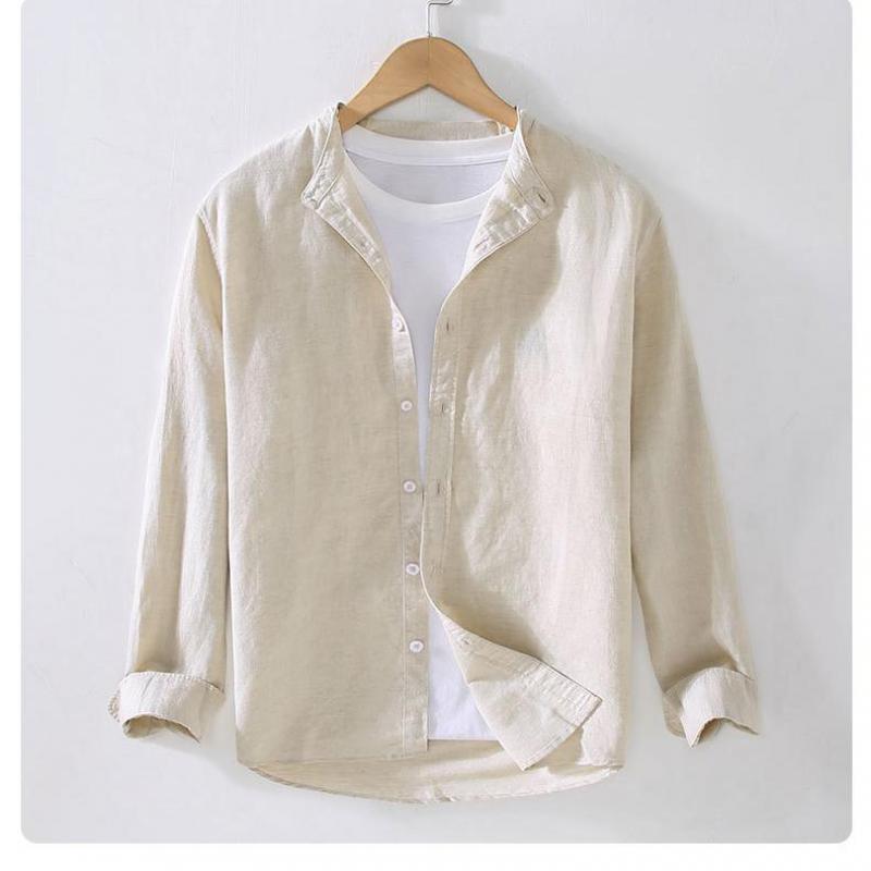 M-3XL Spring and Summer Stand Collar Plain Color Long-sleeve Vintage Men's Streetwear Single Breasted Linen Shirts