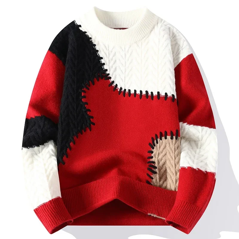 Herren-Strickpullover, Patchwork-Pullover, O-Ausschnitt, Pullover, gespleißt, Langarm-Pullover, leicht dehnbar, Standardwolle, 2024, lässig