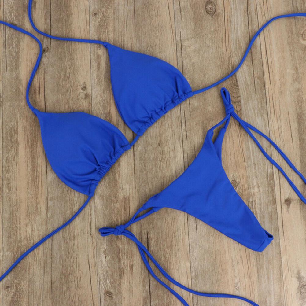 Halter Neck Strap Thong Bikini Set para mulheres, maiô monocromático, roupa de banho sexy, roupa de praia, 2 pcs, 2024