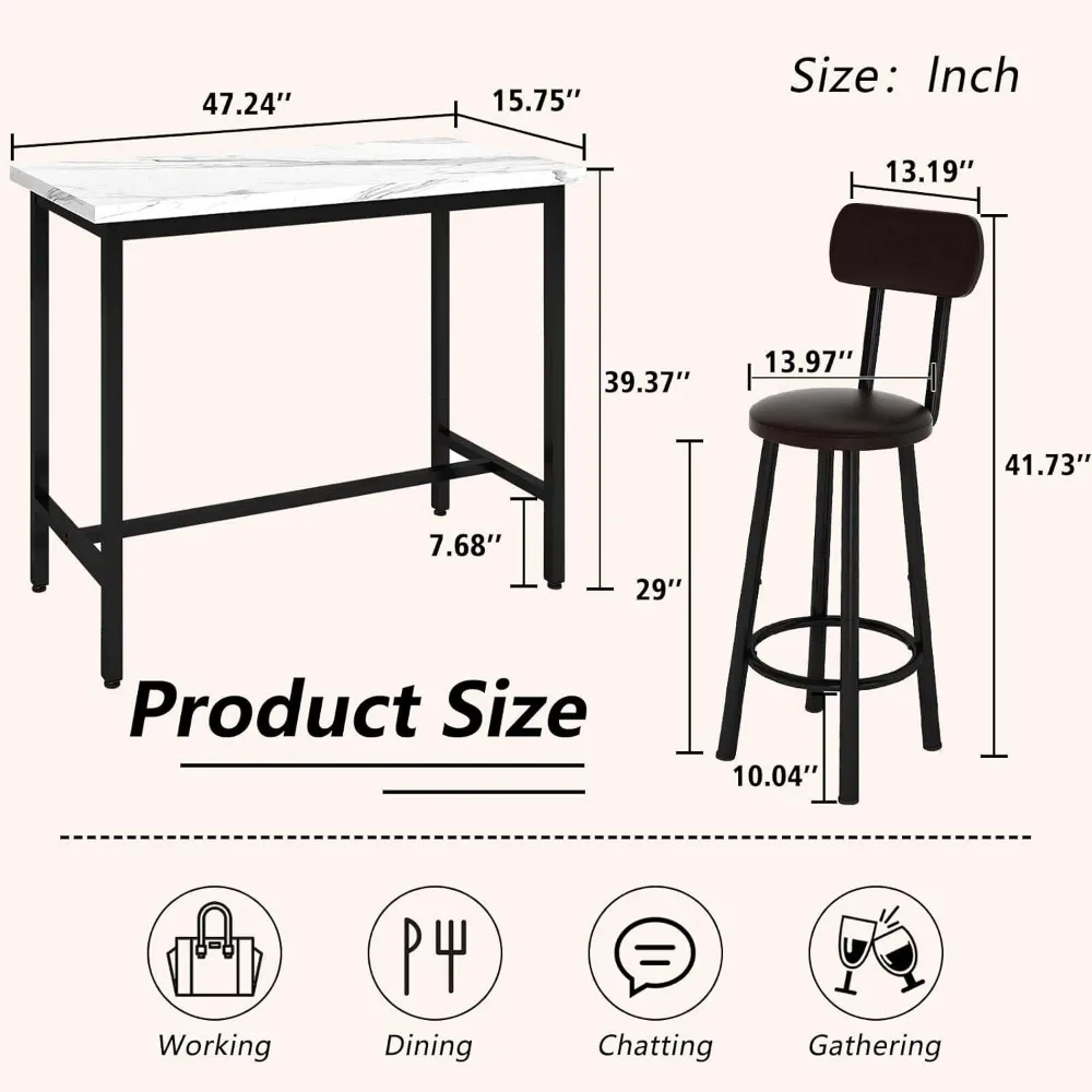 Rectangle Dining Table Set for 2 With MDF Tabletop & PU Leather Chairs - Bar Pub Set for Small Space Kitchen, Living Room,