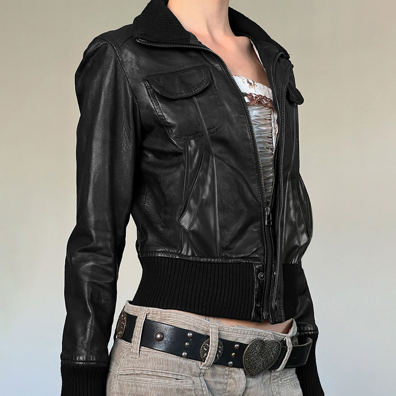 WEEKEEP Vintage Goddess Functional Sle Multi-Pocket Workwear Leather Jacket Women Autumn Winter Waist-Cinching Riding Short...