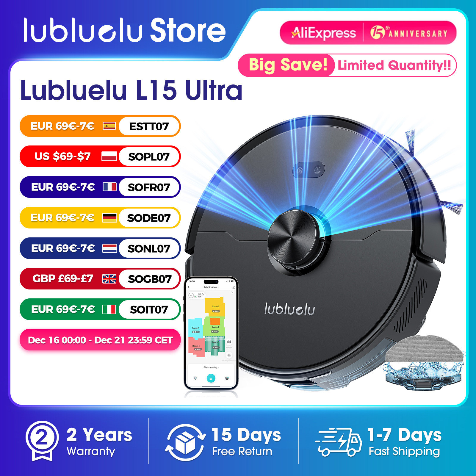Lubluelu L15 ultra Robot Vacuum And Mop Combo 5500Pa 3 In1 Robot Vacuum Cleaner Robot Vacuum Auto-Charging 5 Maps 24 No-go Zones
