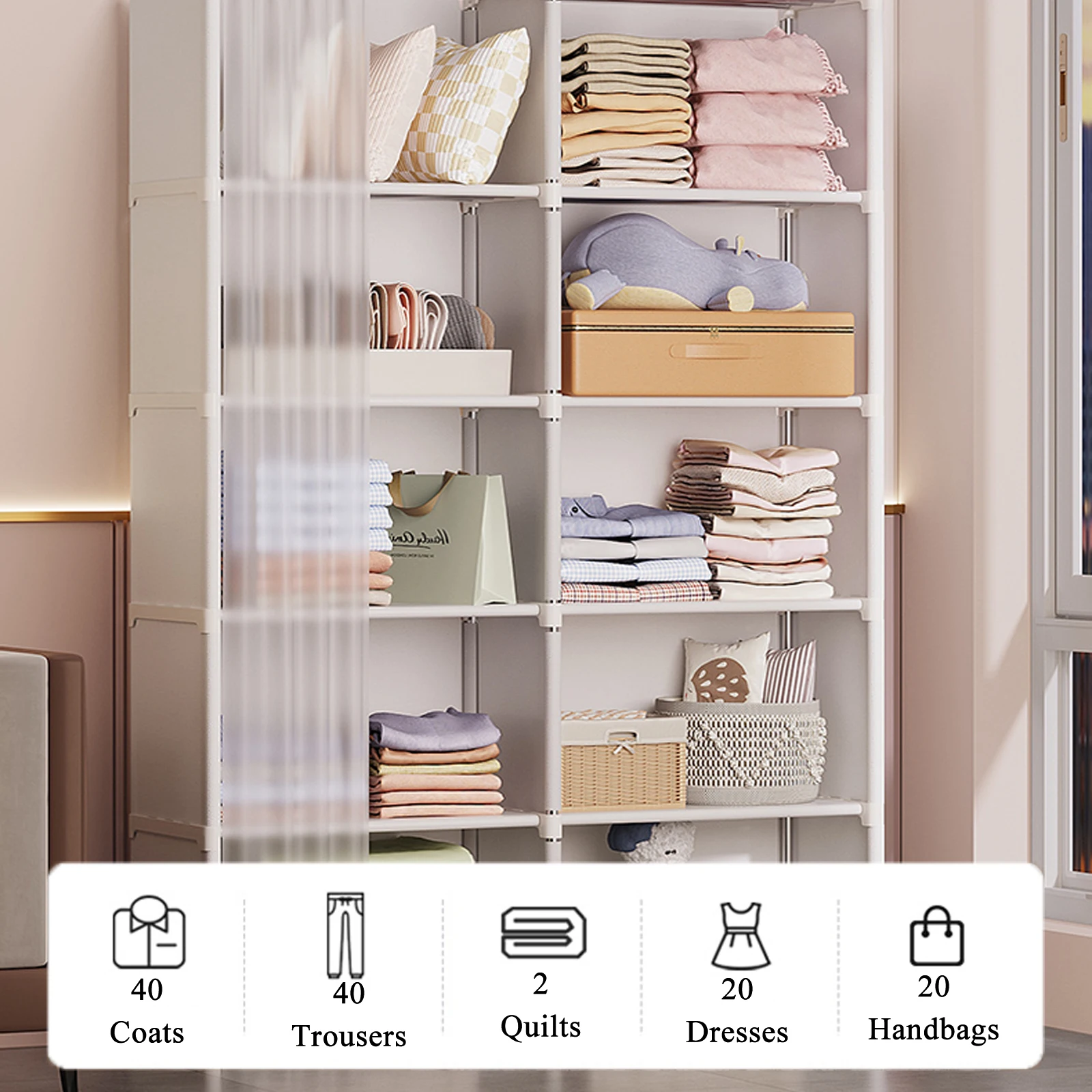 6 Layers Dustproof Simple Wardrobe Bedroom Clothes Closet Storage Organizer Double Row High Capacity Partition Bookshelf Cabinet