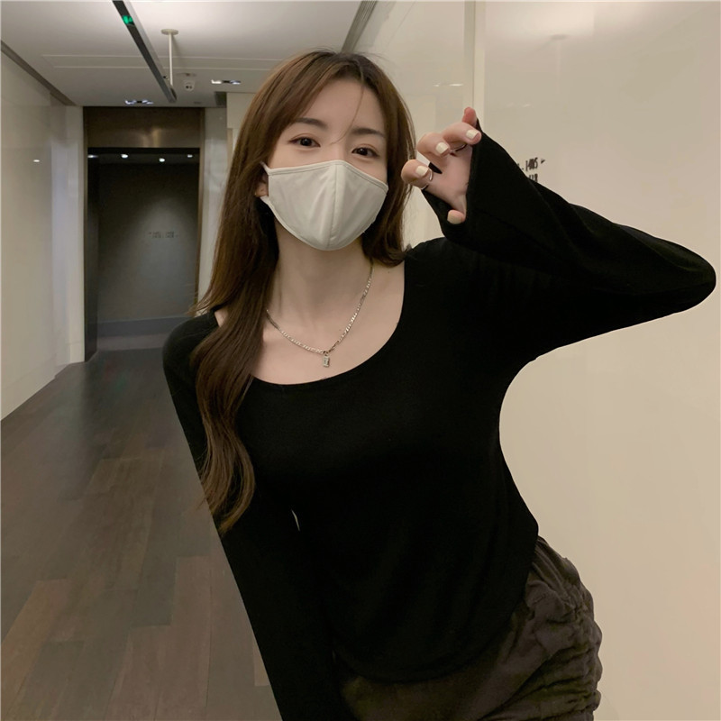 Dames temperament elegant dieptepunt dun gedeelte T-shirt met lange mouwen onregelmatig Slanke korte tops dieptepunt shirt
