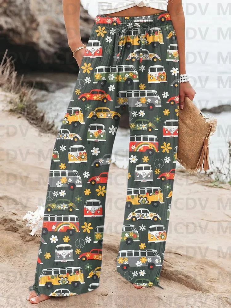 Women's Vintage Fish Sardines Art Print Linen Casual Pants