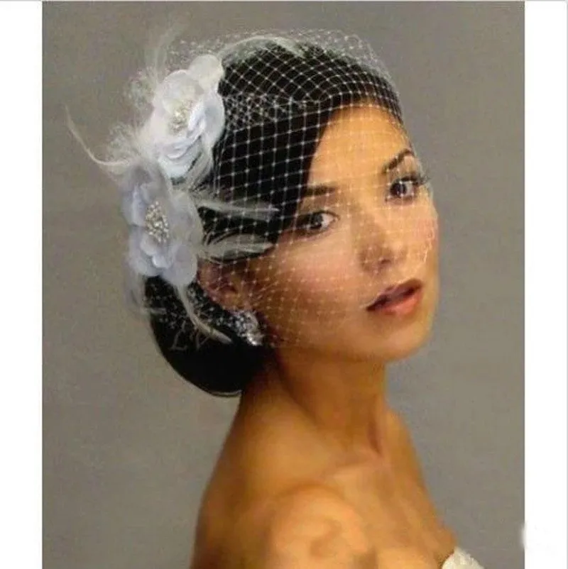 Lace Birde Cage Wedding Flower White Veil Face Short Feather Birdcage Netting Vintage  Fascinator Bride Hats with Veil