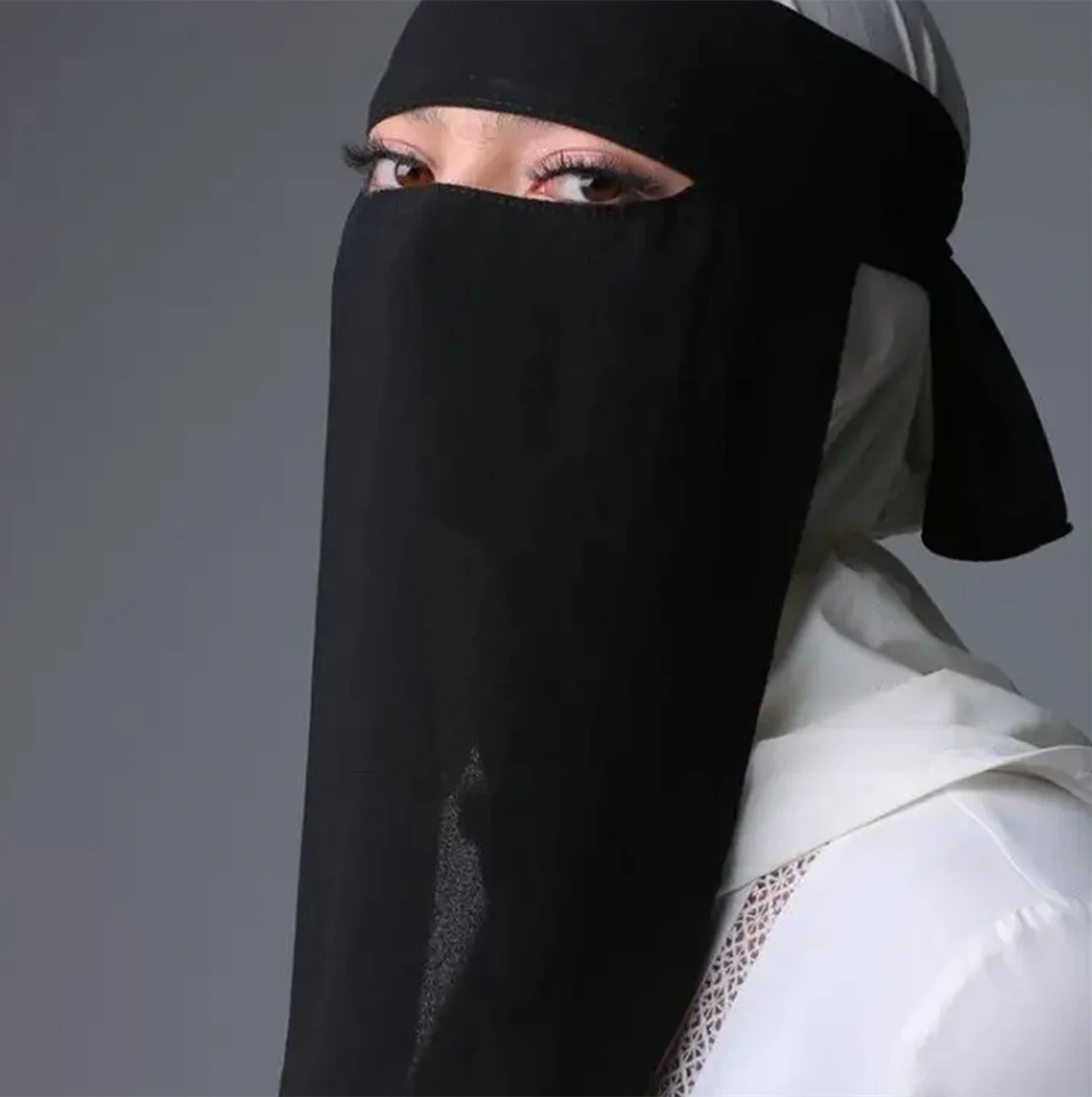 Preto miçangas chiffon cachecol niqab pérola rosto capa oração muçulmana khimar niqab rosto capa para mulheres xales de cor sólida 46*38cm