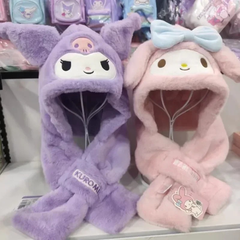 Cartoon Kuromi children's hat integrated scarf winter ear protection thick warm velvet hooded scarf Sanrio series scarf hats