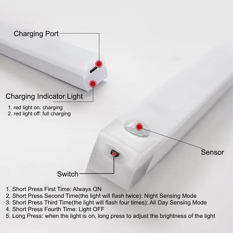 USB Rechargeable PIR Motion Sensor LED Bar Lights Dimmable Detector Night Light Portable Induction Cabinet Lamp for Kitchen Room