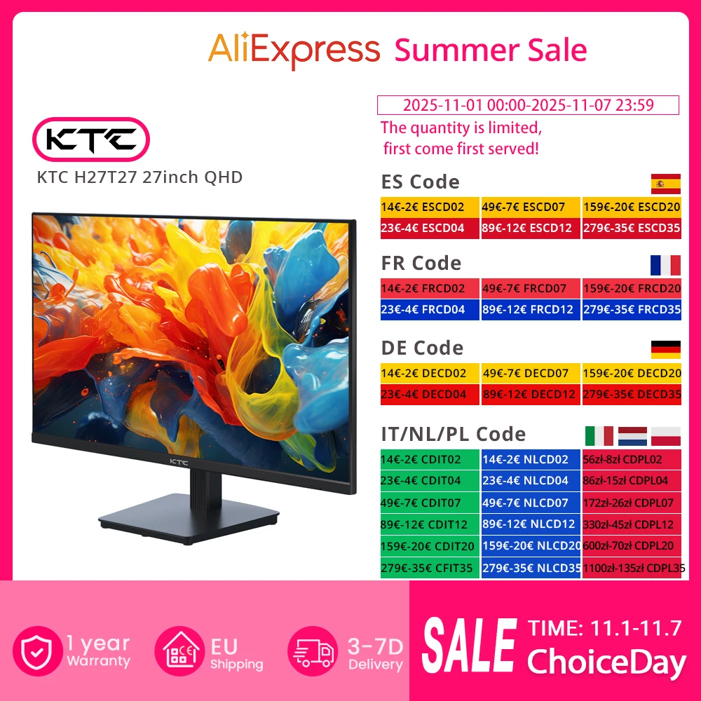 Monitor gamingowy KTC H27T27 27 cali QHD 100Hz, panel IPS 2560x1440, szybki panel, proporcje 16:9, ELED, czas reakcji 1ms GTG, 99% sRGB, HDR10