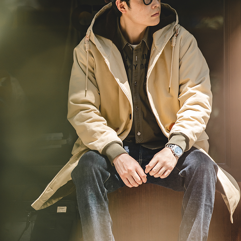 Maden Herren N2 Deck Parka Dicke warme Kapuzenjacke Männlich Herbst und Winter Mittellanger Mantel Verstellbarer Kordelzug Vintage Wear