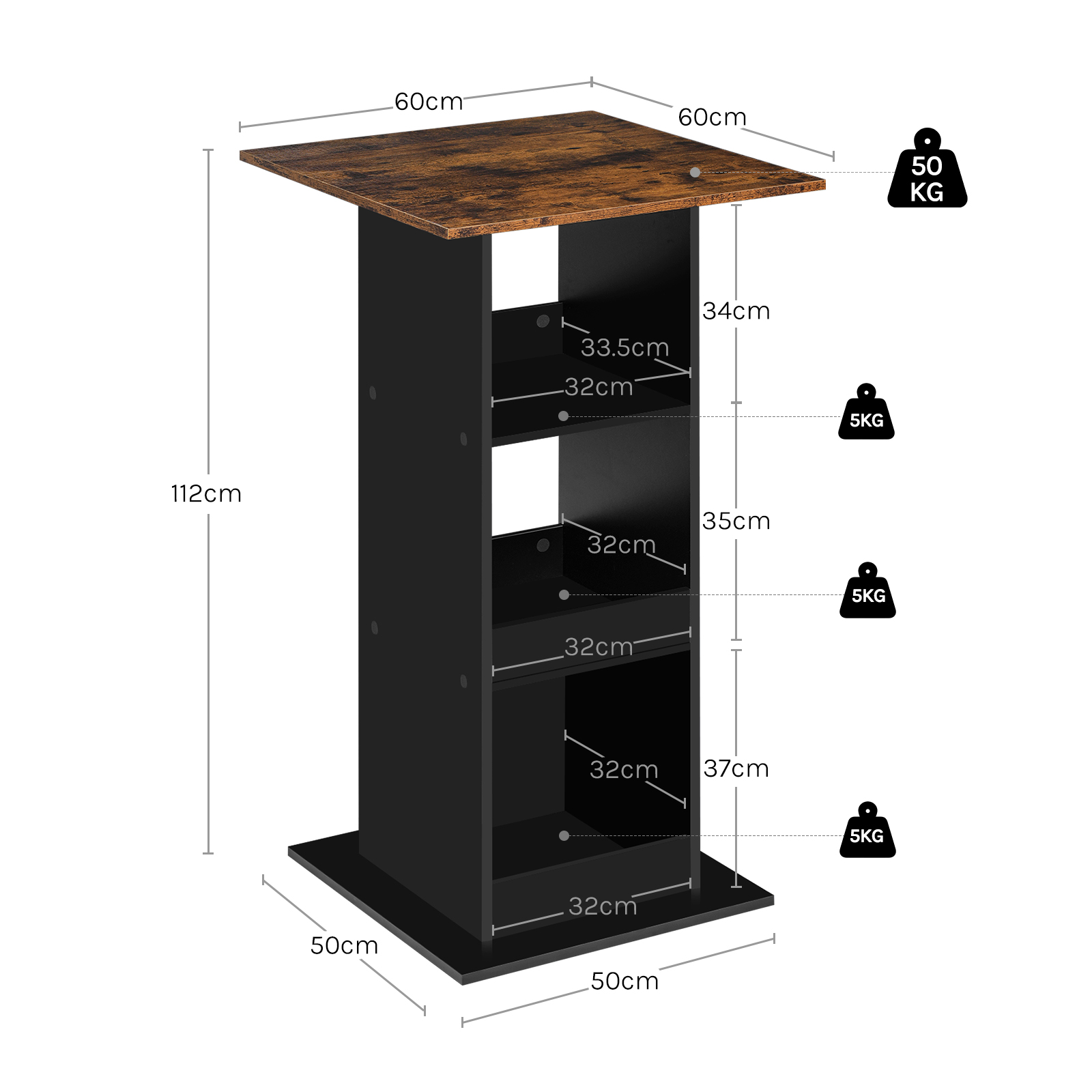 Mesa de bar de madera WOLTU, mesa de bistró marrón rústica con 3 estantes, mesa de mostrador cuadrada para cocina, comedor, altura del hogar, 112 cm