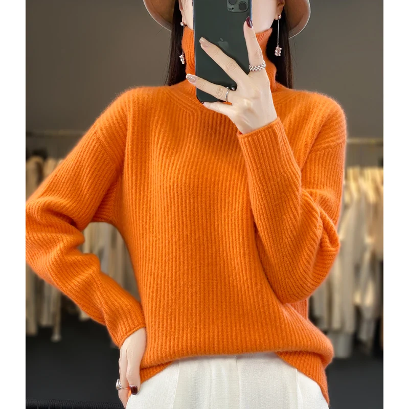 Sweater wanita rajut leher tinggi, atasan wol kasmir 2023, Pullover rajut Mode Korea tebal musim gugur dan musim dingin 100%