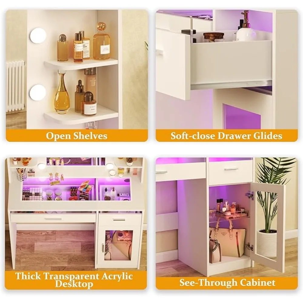 Vanity Desk with Mirror and Lights Makeup Vanity Desk with Lights 3 Colors Transparent Top Vanity with 2 RGB Drawers