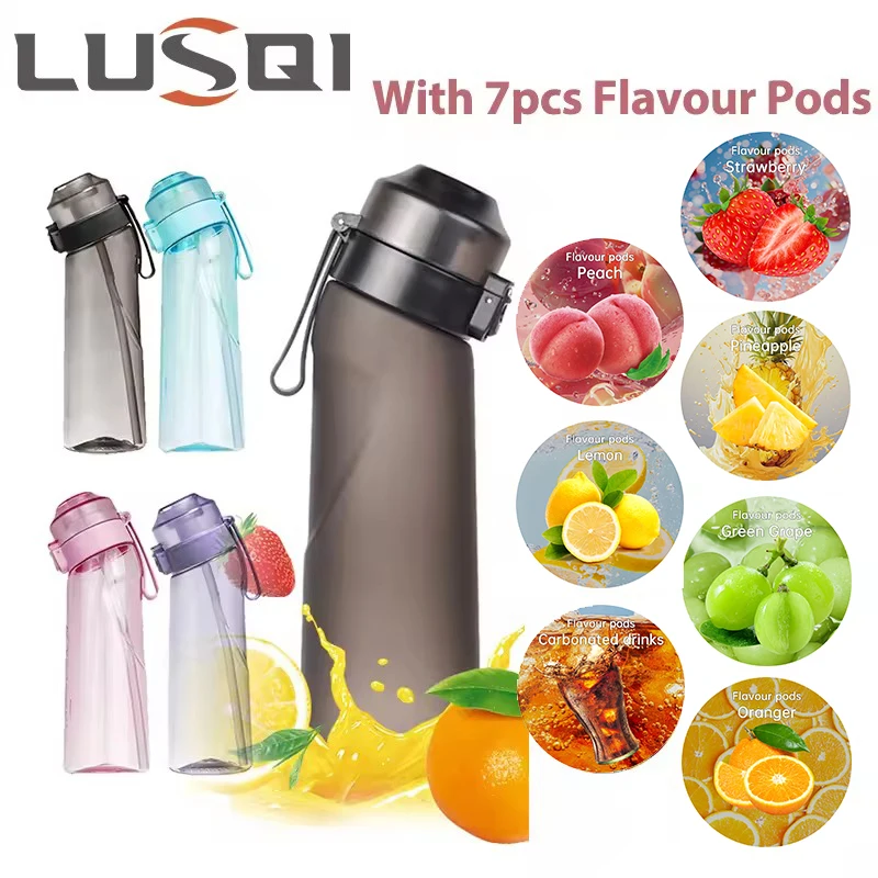 LUSQI Air Flavored Water Bottle With 7 Flavor Ring Sports Fashion Straw Tritan Plastic Cup Suitable for Outdoor Sports Fitness