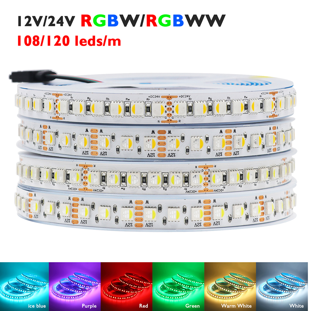 5 м RGBW RGBWW Светодиодная лента 4 цвета в 1 чипе 12 В 24 В 5050 120 60 108 светодиодов Гибкая лента RGB Теплый белый DC Домашний декор
