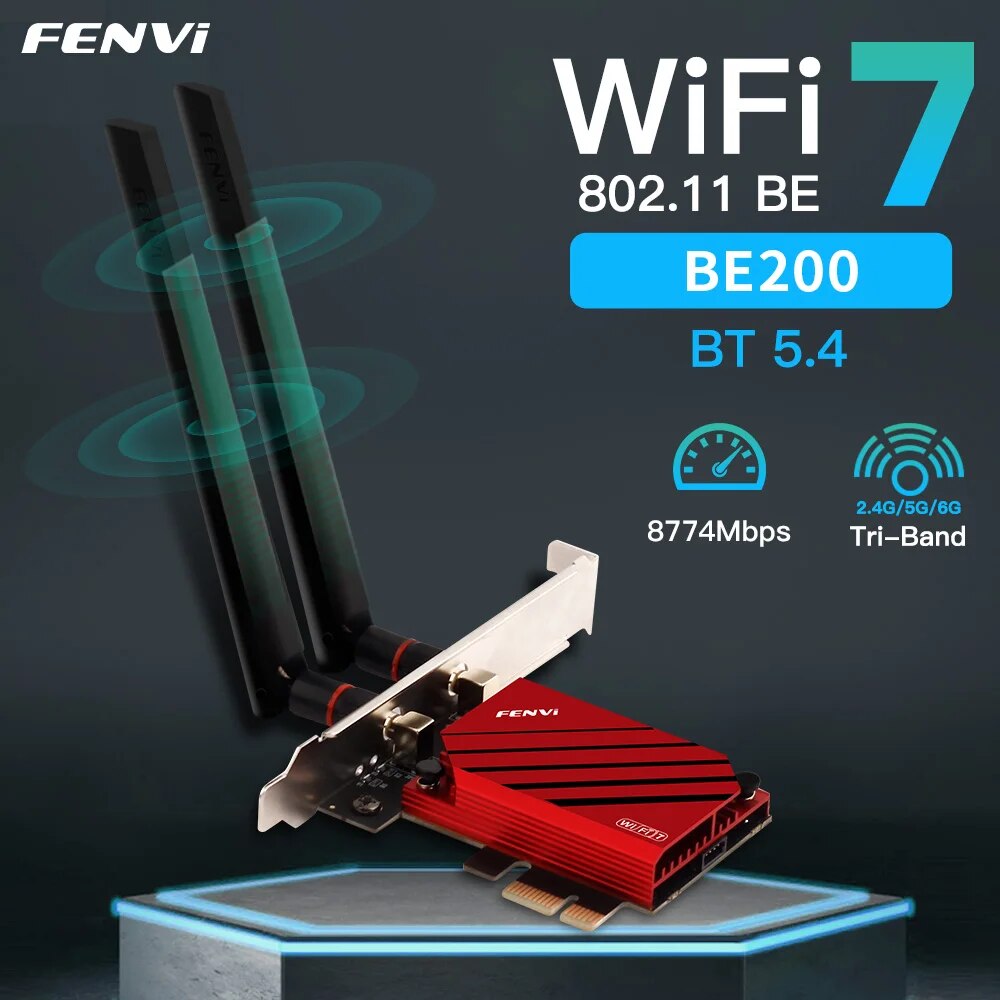 Fvi-adaptador de red inalámbrico de escritorio para Win11, dispositivo de 5,8 Gbps, WIFI7, PCIE, 8774Mbps, BE200, BT5.4, 3 bandas, 2,4/5G/6GHz