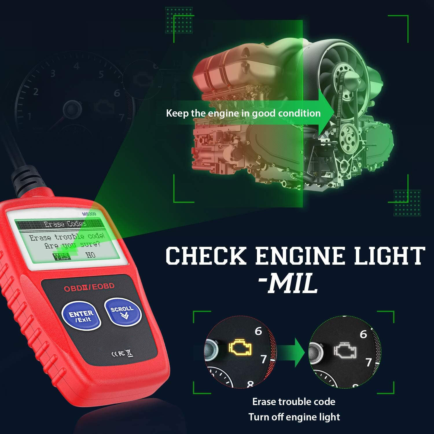 MS309 Automotive Trouble Code Reader Accurate engine diagnostic tool scanner checks engine light and emission monitoring status