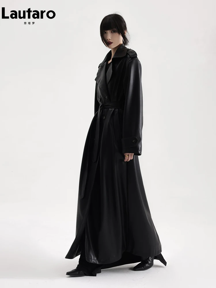Lautaro-gabardina extralarga de cuero Pu para mujer, abrigo negro suave con doble botonadura, holgado, informal, moda coreana, primavera y otoño, 2024