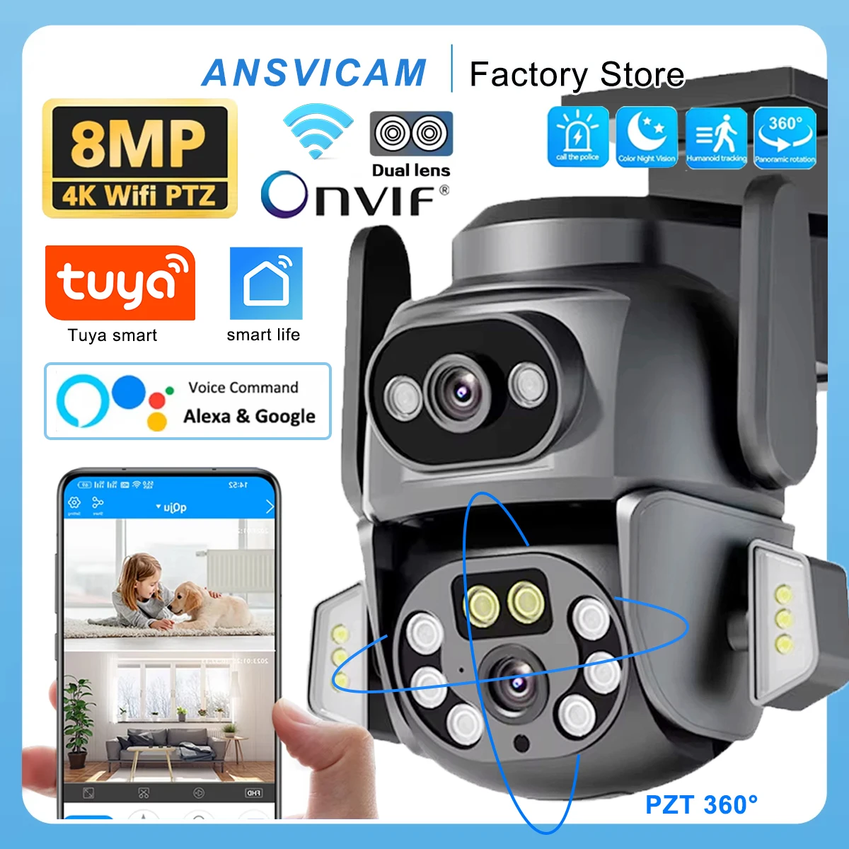 Cámara WIFI 4K de 8MP, aplicación TUYA, cámara de pantalla Dual, Binocular AI, seguimiento automático del cuerpo, CCTV, seguridad Alexa, monitoreo inteligente IP66