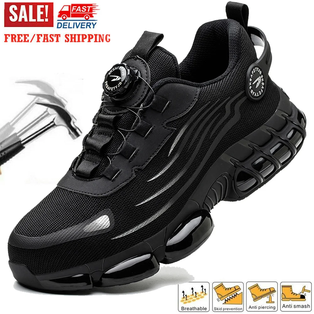 Rotary Button Adjustable Safety Shoes Comfortable Soft Work Sneakers Lightweight Slip Resistant Low Top Steel Toe Boots for Men