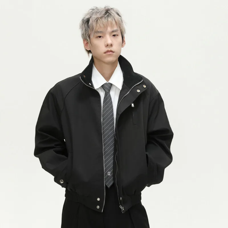 SYUHGFA 2025 Jaket Pria Musim Gugur Kerah Tegak Warna Solid Ritsleting Desain Unik Pakaian Pria Serbaguna Mantel Pria Gaya Korea