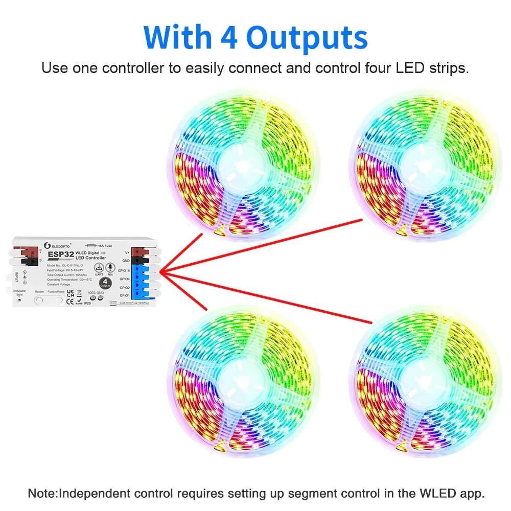 Controlador ESP32 WLED 017WL-D 4 canales 15A nivel de fusible Shifter UART descarga DIY modo de luz dinámica aplicación Control de voz GLEDOPTO