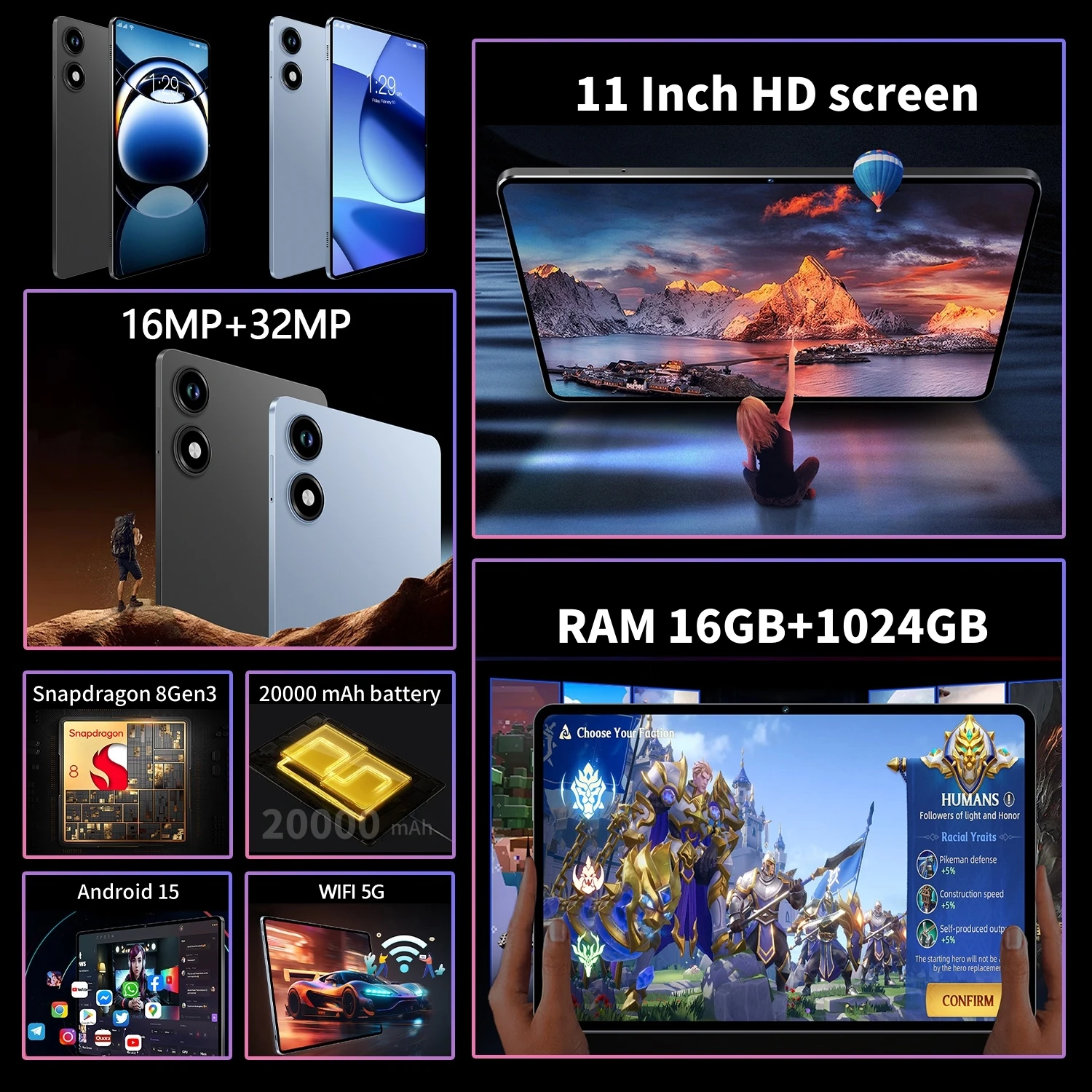 2025 Original Global Version S7 Pro Snapdragon 8Gen3 Android 15 Tablet 11 Inch 16GB+1TB 20000 mAh 5G Dual SIM wifi GPS Tables PC