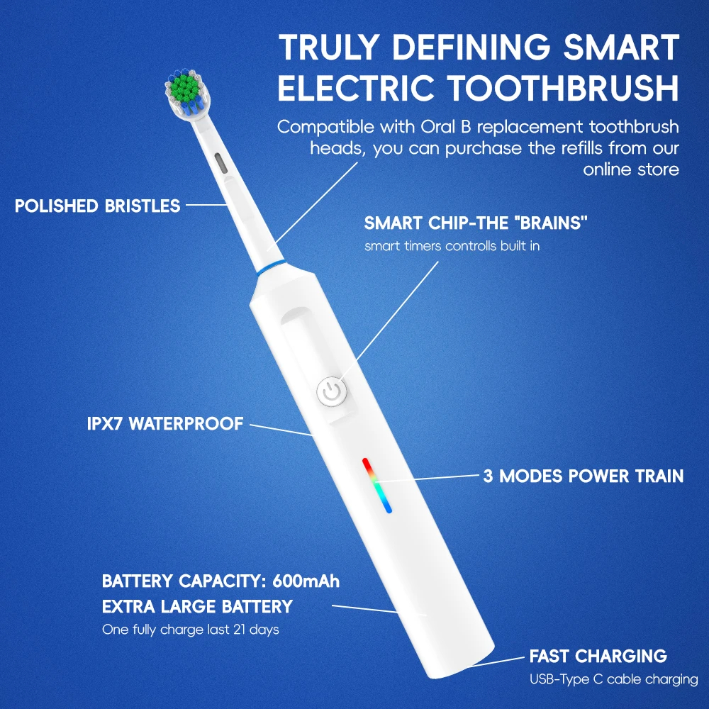 Intelligente rotierende elektrische Zahnbürste, wiederaufladbare rotierende Zahnbürstenköpfe, kompatibel mit Oral B Ersatzbürstenköpfen