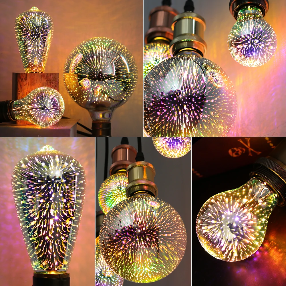 3D 다채로운 장식 LED 전구 E27 레트로 램프 빈티지 에디슨 LED 전구 ST64 A60 G80 G95 G125 하트 크리스마스 야간 조명