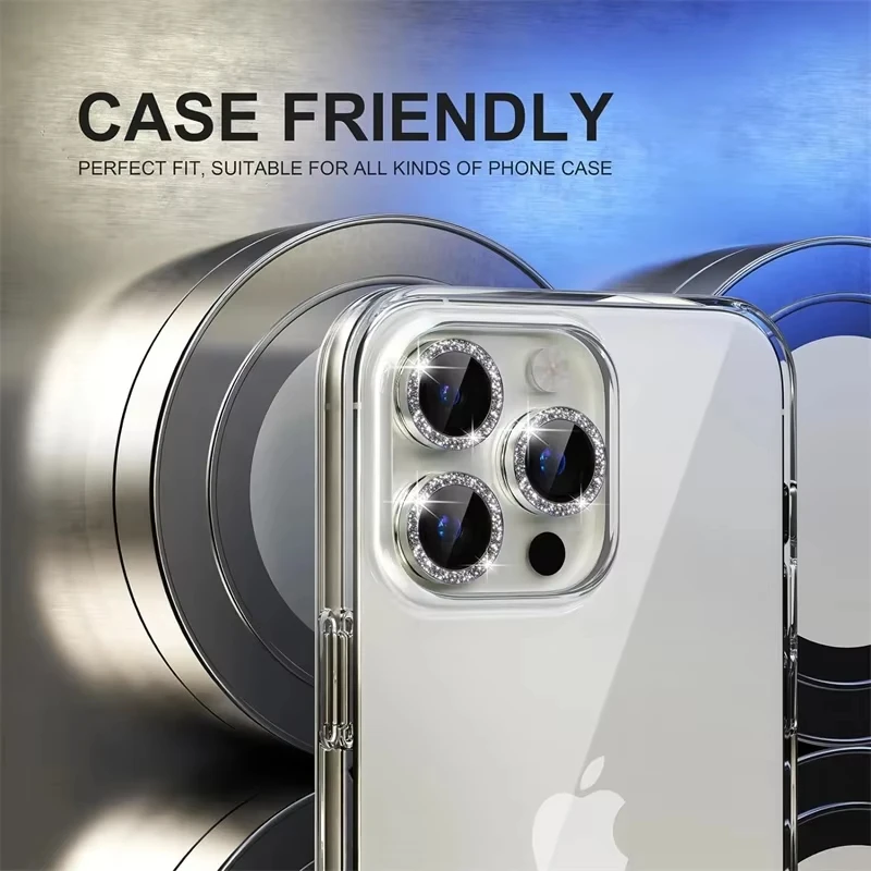 Protector de lente de cámara de diamante para iPhone 13, 11, 12, 14, 15, 16 Pro Max, Mini película protectora de lente trasera de Metal para iPhone 15 Plus