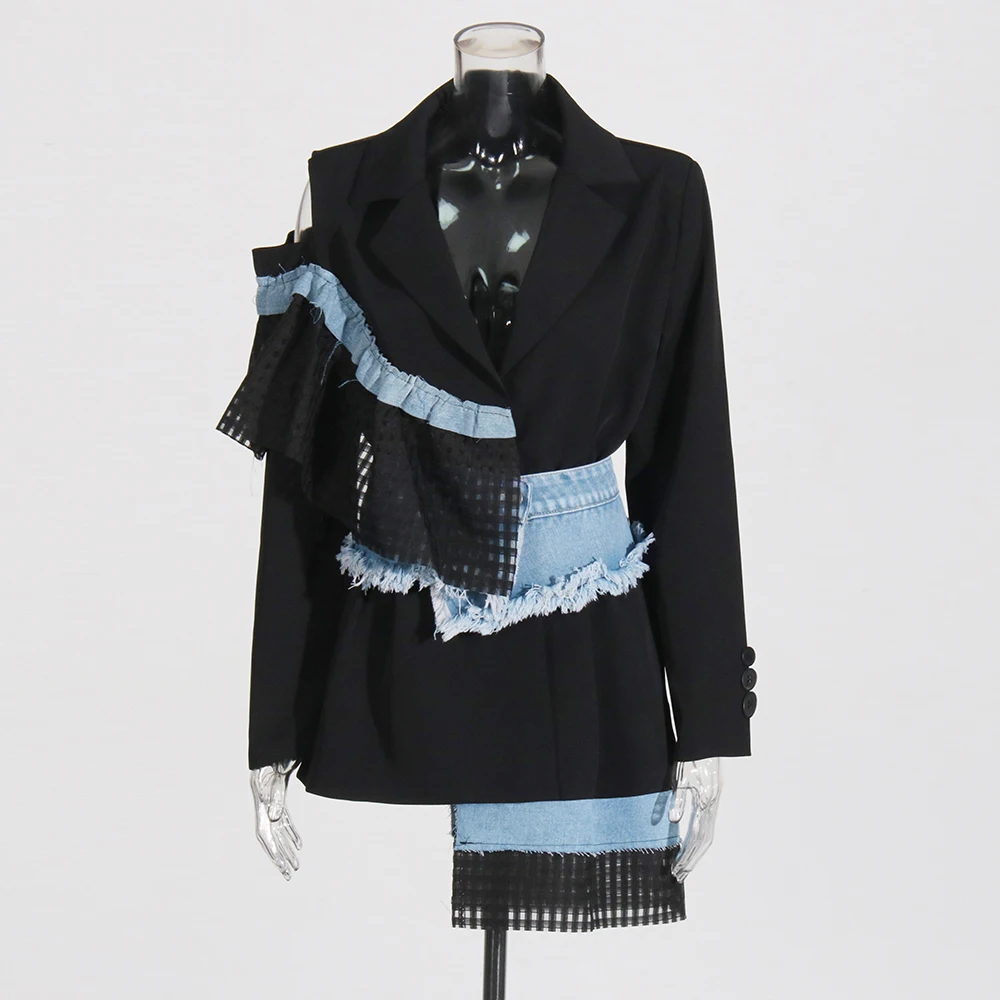 TWOTWINSTYLE Colorblock Hollow Out แจ็คเก็ตผู้หญิง Notched คอยาวแขนยาว Patchwork Denim แจ็คเก็ตวินเทจเสื้อผ้าหญิง