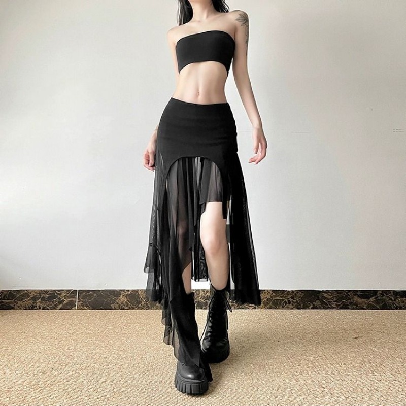 Falda de malla Irregular para mujer Y2k, estilo de chica caliente, falda con volantes de cintura alta, ropa femenina de moda Vintage ajustada