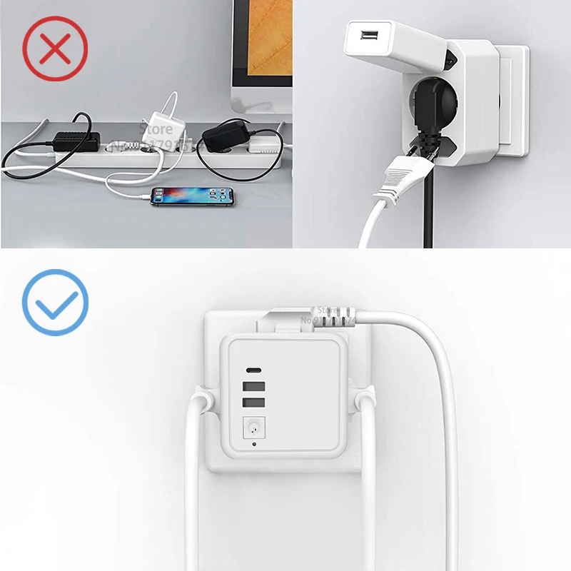 EU Kr Plug Multiprise Steckdosenleiste mit 4 AC-Steckdosen + 2 USB-Anschlüssen + 1 Typ C 5 V 3,1 A Cube-Adapter Multi-Steckdose Ein/Aus-Schalter
