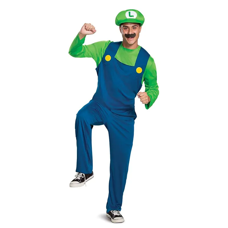 Costume da super fratelli, costume cosplay, carnevale di Halloween, unisex, uomo, donna, adulto, adolescenti, nuovo con cappello e baffi