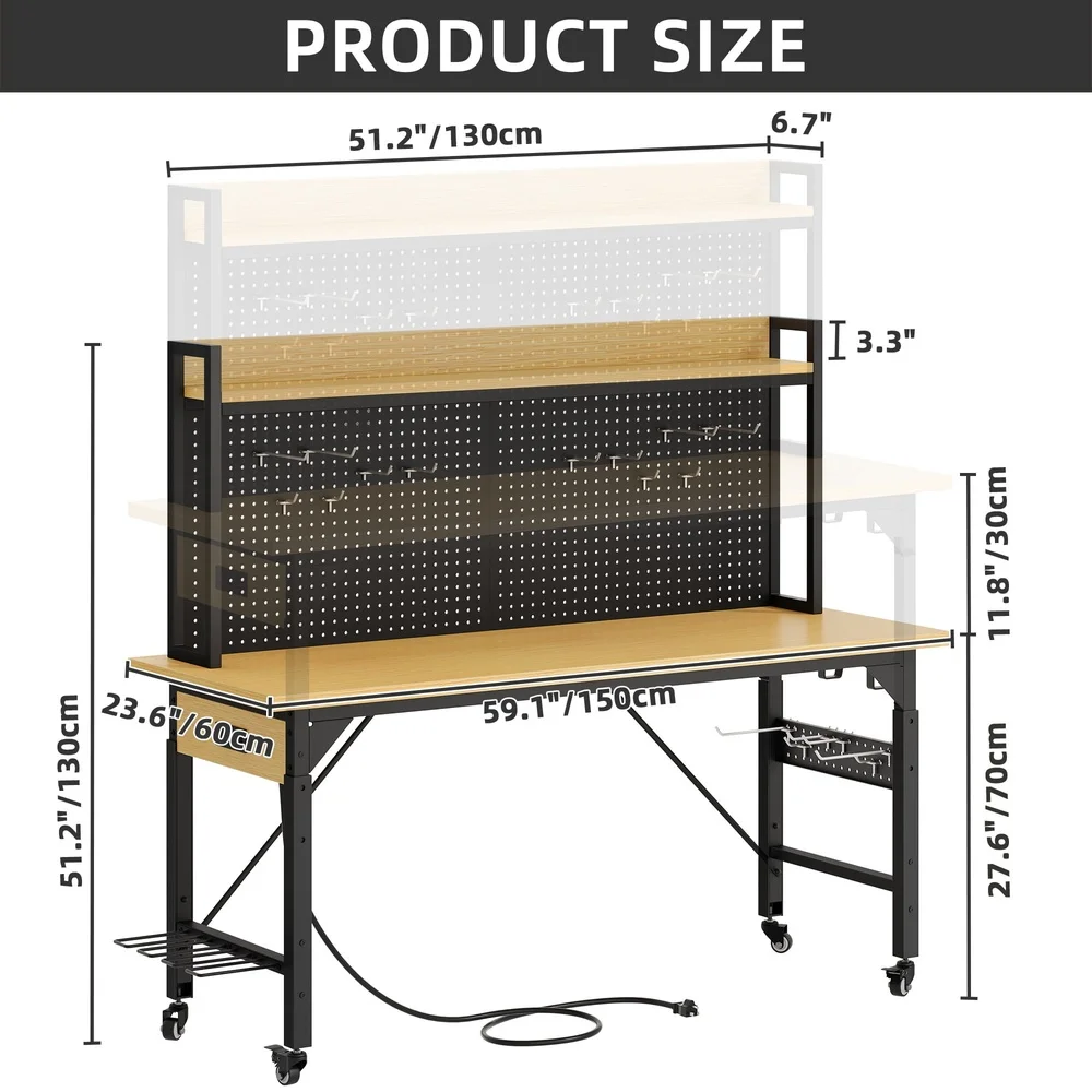 Multifunctional Heavy-Duty Workbench with Wheels Pegboard Power Outlets Adjustable Height 2000lbs Capacity Garage Workshop Tool
