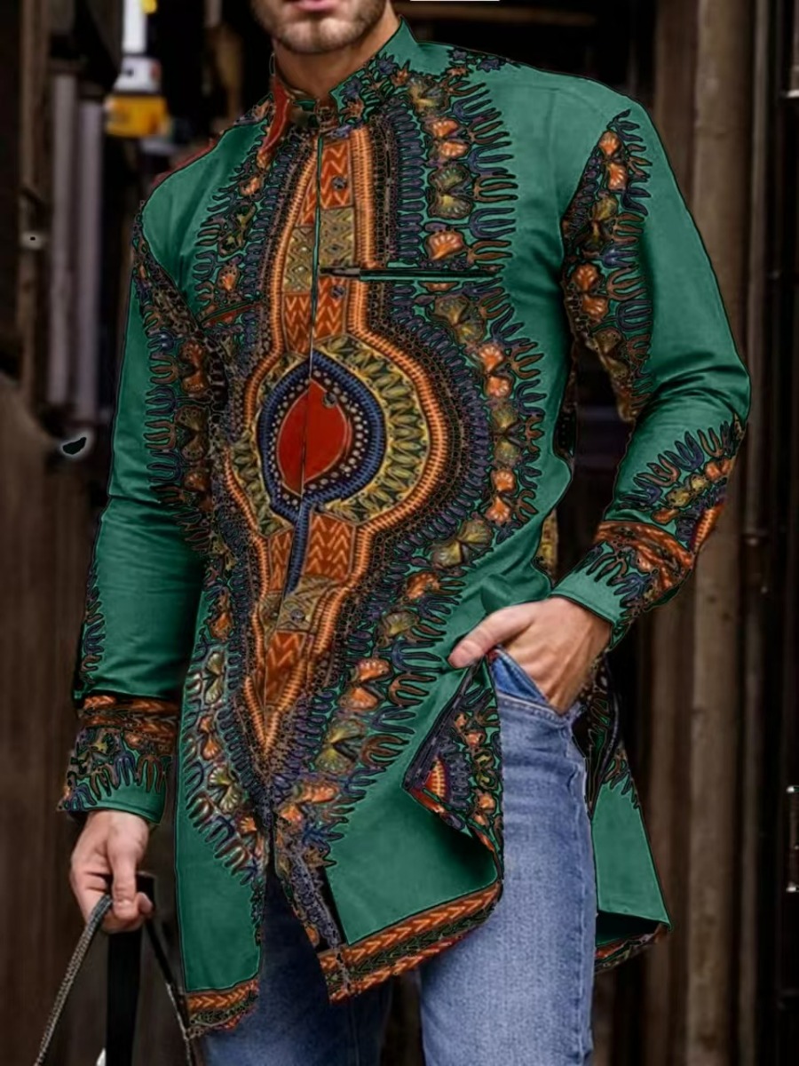 2025 roupas masculinas gola dourada impressão camisa de manga longa na moda hip hop áfrica roupas casuais estilo étnico meados de comprimento topo