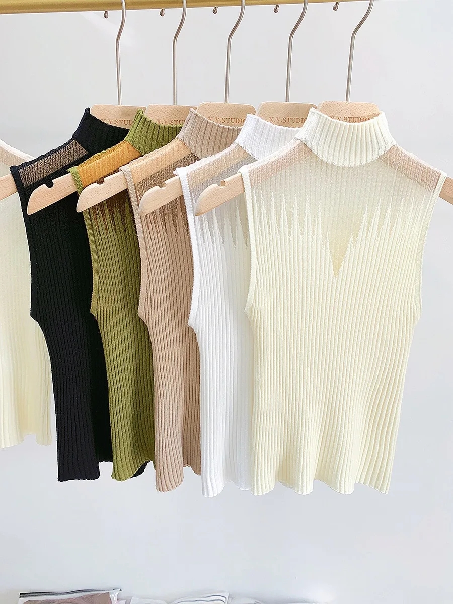 메쉬 니트 탑 여성 Y2K 탱크 탑 하프 넥 조끼 여성 민소매 스웨터 세련된 컷 아웃 streetwear 솔리드 스키니 화이트 튜브 탑