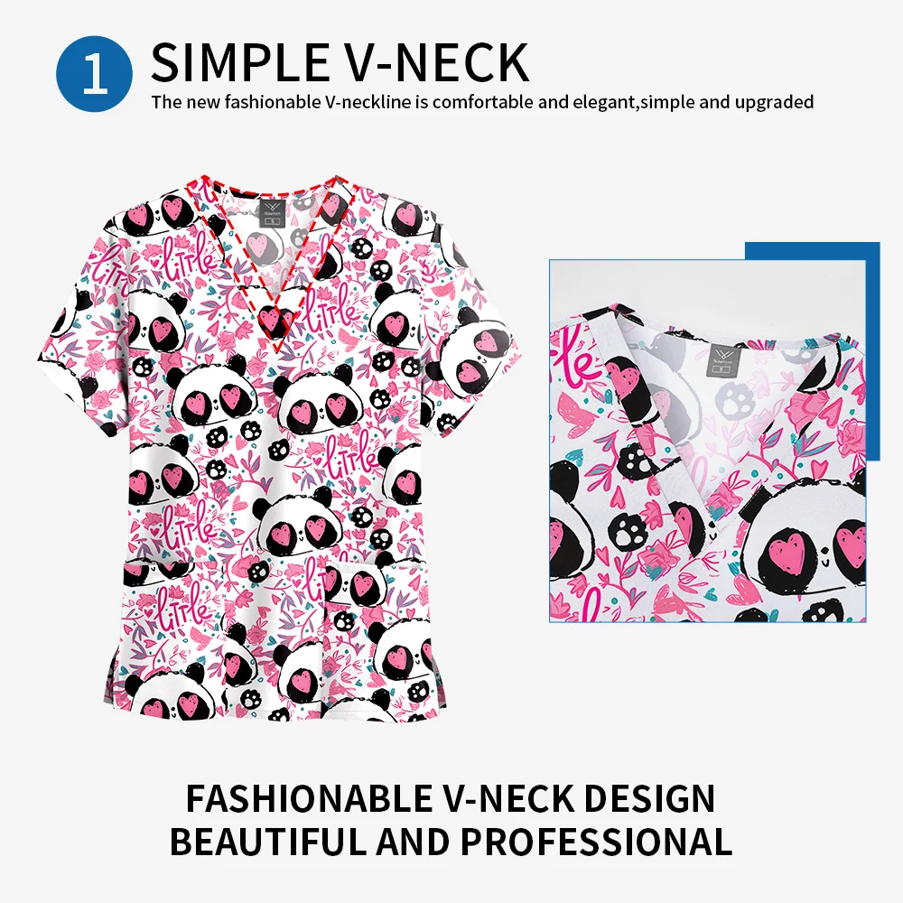 Impressão esfrega topo feminino com bolsos com decote em v esfrega uniformes pet grooming enfermeira spa cuidados camisa uniformes de enfermería para mujer