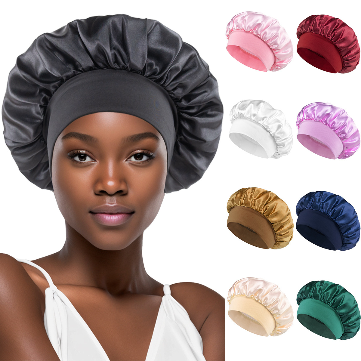Gorros lisos de satén para mujer, gorro de baño para dormir de noche de ala ancha, gorro de banda elástica para la cabeza Unisex, gorro para el cuidado del cabello, 1 ud.