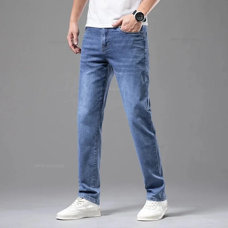 Pantalones vaqueros elásticos de verano para hombre, moda gris, cómodos, rectos, elásticos, de algodón, informales, de marca, finos
