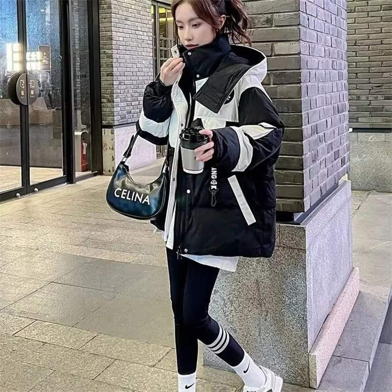 冬の女性のダウンコットンコート韓国女性すべて一致パーカージャケット 2024 レディースフード付きスプライシング一緒にフグ生き抜く