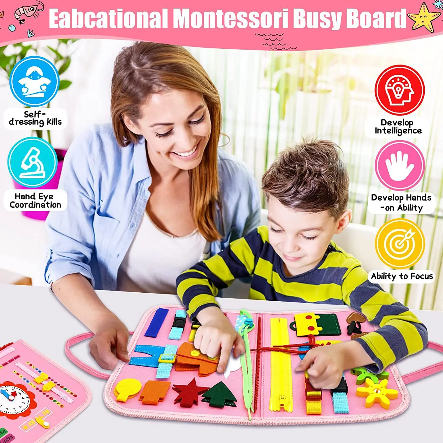Tablero ocupado Montessori para niños de 1 a 3 años, juguetes educativos sensoriales ocupados, juguetes de viaje para niños pequeños, tablero ocupado Montessori para edades de 1 a 3 años